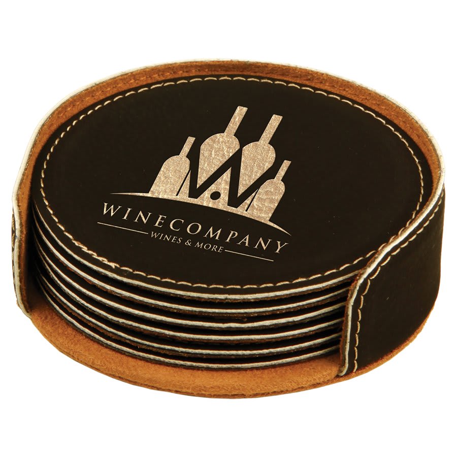 4" Round Laserable Leatherette Coaster 6 pack with holder