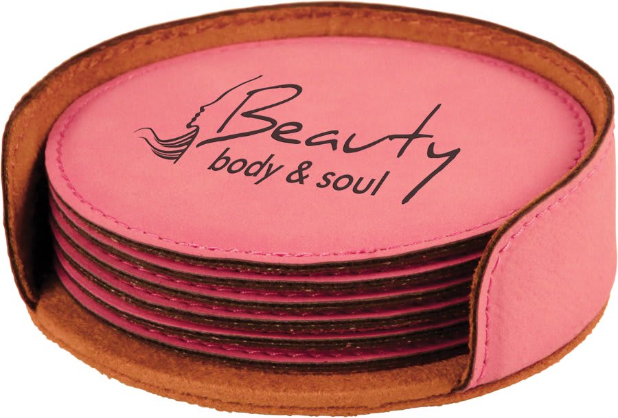 4" Round Laserable Leatherette Coaster 6 pack with holder